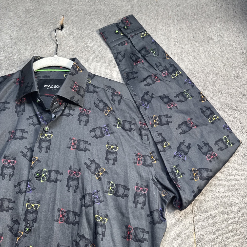 Maceoo Men's Black Dog Sunglasses Print Button Up Shirt Size small‎